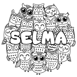 Coloriage prénom SELMA - décor Chouettes