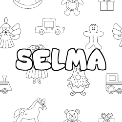 Coloriage pr&eacute;nom SELMA - d&eacute;cor Jouets