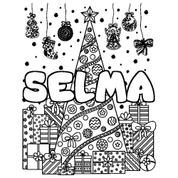 Coloriage pr&eacute;nom SELMA - d&eacute;cor Sapin et Cadeaux