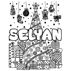 Coloriage prénom SELYAN - décor Sapin et Cadeaux
