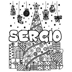 Coloriage SERGIO - d&eacute;cor Sapin et Cadeaux