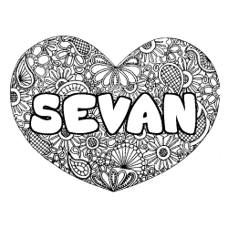 Coloriage pr&eacute;nom SEVAN - d&eacute;cor Mandala coeur