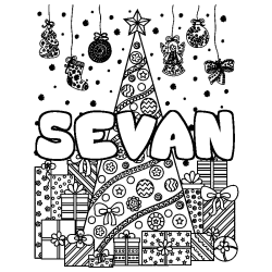 Coloriage pr&eacute;nom SEVAN - d&eacute;cor Sapin et Cadeaux
