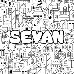 Coloriage pr&eacute;nom SEVAN - d&eacute;cor Ville