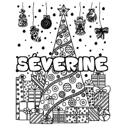 Coloriage pr&eacute;nom S&Eacute;VERINE - d&eacute;cor Sapin et Cadeaux