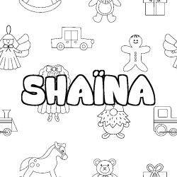 Coloriage pr&eacute;nom SHA&Iuml;NA - d&eacute;cor Jouets