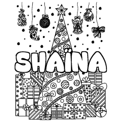 Coloriage pr&eacute;nom SHA&Iuml;NA - d&eacute;cor Sapin et Cadeaux
