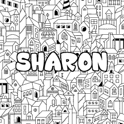 Coloriage pr&eacute;nom SHARON - d&eacute;cor Ville