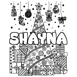 Coloriage prénom SHAYNA - décor Sapin et Cadeaux