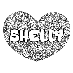 Coloriage pr&eacute;nom SHELLY - d&eacute;cor Mandala coeur