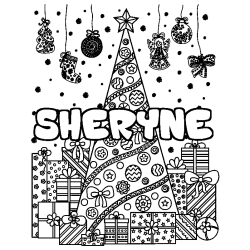 Coloriage pr&eacute;nom SHERYNE - d&eacute;cor Sapin et Cadeaux
