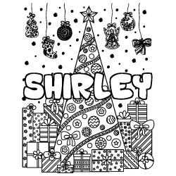 Coloriage prénom SHIRLEY - décor Sapin et Cadeaux