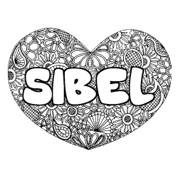 Coloriage pr&eacute;nom SIBEL - d&eacute;cor Mandala coeur
