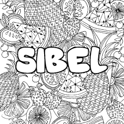 Coloriage pr&eacute;nom SIBEL - d&eacute;cor Mandala fruits
