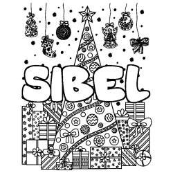 Coloriage prénom SIBEL - décor Sapin et Cadeaux
