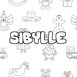 Coloriage prénom SIBYLLE - décor Jouets