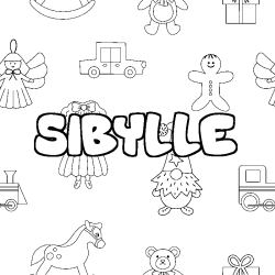 Coloriage pr&eacute;nom SIBYLLE - d&eacute;cor Jouets