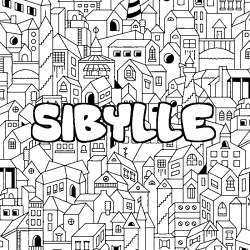 Coloriage pr&eacute;nom SIBYLLE - d&eacute;cor Ville