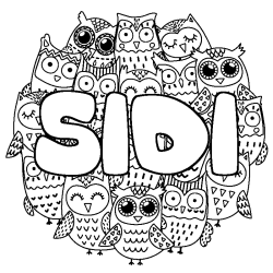 Coloriage pr&eacute;nom SIDI - d&eacute;cor Chouettes