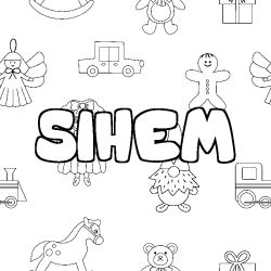 Coloriage pr&eacute;nom SIHEM - d&eacute;cor Jouets