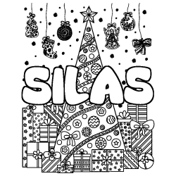Coloriage prénom SILAS - décor Sapin et Cadeaux