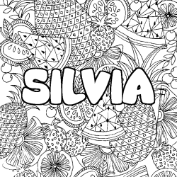 Coloriage prénom SILVIA - décor Mandala fruits