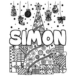 Coloriage prénom SIMON - décor Sapin et Cadeaux