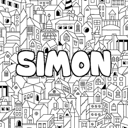 Coloriage pr&eacute;nom SIMON - d&eacute;cor Ville