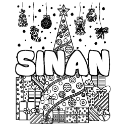 Coloriage prénom SINAN - décor Sapin et Cadeaux