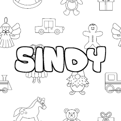 Coloriage prénom SINDY - décor Jouets