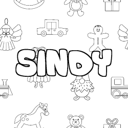 Coloriage pr&eacute;nom SINDY - d&eacute;cor Jouets