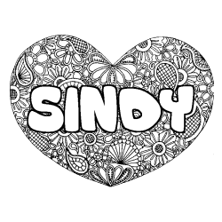 Coloriage prénom SINDY - décor Mandala coeur