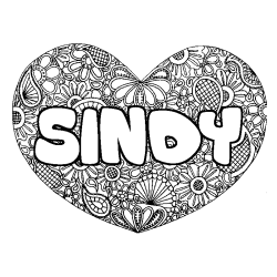 Coloriage pr&eacute;nom SINDY - d&eacute;cor Mandala coeur