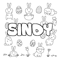 Coloriage prénom SINDY - décor Paques