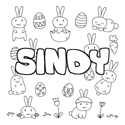 Coloriage pr&eacute;nom SINDY - d&eacute;cor Paques