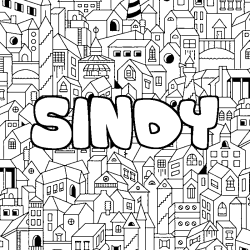 Coloriage pr&eacute;nom SINDY - d&eacute;cor Ville