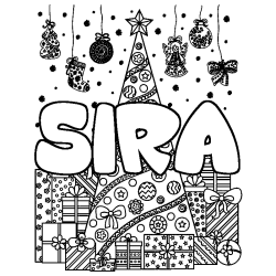 Coloriage prénom SIRA - décor Sapin et Cadeaux