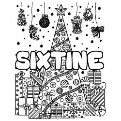 Coloriage pr&eacute;nom SIXTINE - d&eacute;cor Sapin et Cadeaux