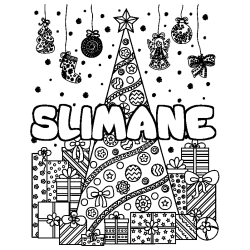 Coloriage prénom SLIMANE - décor Sapin et Cadeaux