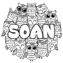 Coloriage pr&eacute;nom SOAN - d&eacute;cor Chouettes