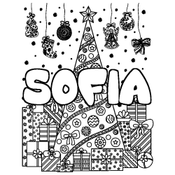 Coloriage pr&eacute;nom SOFIA - d&eacute;cor Sapin et Cadeaux