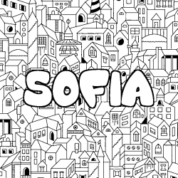 Coloriage pr&eacute;nom SOFIA - d&eacute;cor Ville