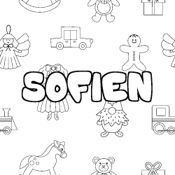 Coloriage pr&eacute;nom SOFIEN - d&eacute;cor Jouets