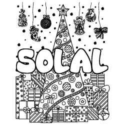 Coloriage pr&eacute;nom SOLAL - d&eacute;cor Sapin et Cadeaux