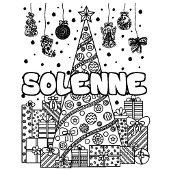 Coloriage pr&eacute;nom SOLENNE - d&eacute;cor Sapin et Cadeaux