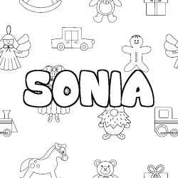 Coloriage pr&eacute;nom SONIA - d&eacute;cor Jouets