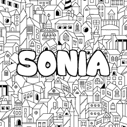Coloriage prénom SONIA - décor Ville