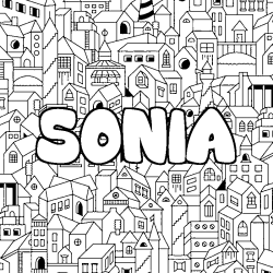 Coloriage pr&eacute;nom SONIA - d&eacute;cor Ville