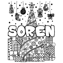 Coloriage SOREN - d&eacute;cor Sapin et Cadeaux