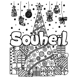 Coloriage Souhe&iuml;l - d&eacute;cor Sapin et Cadeaux